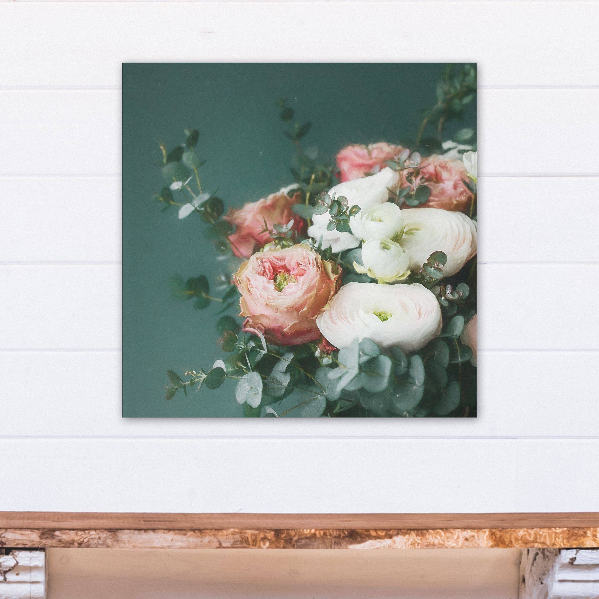 Emerald and Pink Eucalyptus Bouquet 24" x 24" Canvas Wall Art